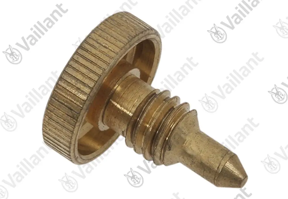 Vaillant Bauteil in Messing, zylindrischer Kopf mit Rillierung und schmalem Gewinde, spitz zulaufend.